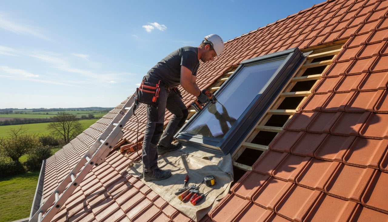 Couvreur professionnel installant un velux motorise sur toiture en tuiles mecaniques