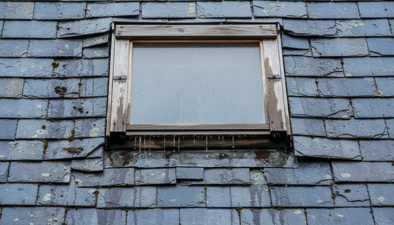 Ancien velux a remplacer sur une toiture en ardoise naturelle, traces d infiltrations visibles
