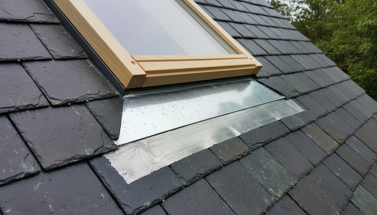 Detail d un raccord velux sur toiture en ardoise avec solin zinc et bavette plomb