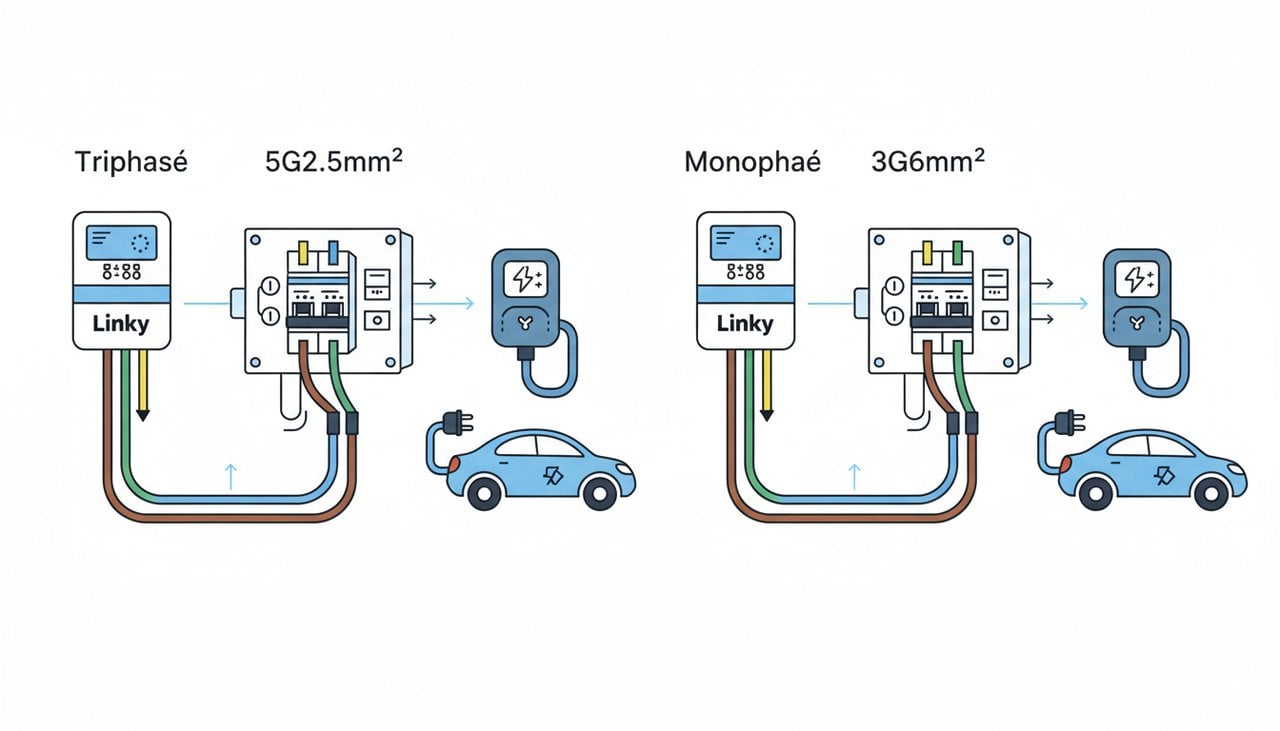 Câblage triphasé 5G2.5 vs monophasé 3G6