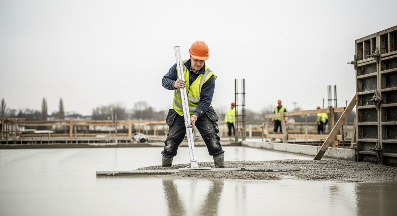 Maçon utilisant une règle de maçon en aluminium pour tirer une dalle de béton