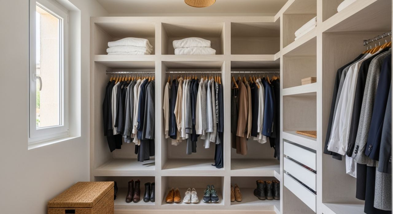 Dressing aménagé en placo avec étagères et penderies dans une chambre
