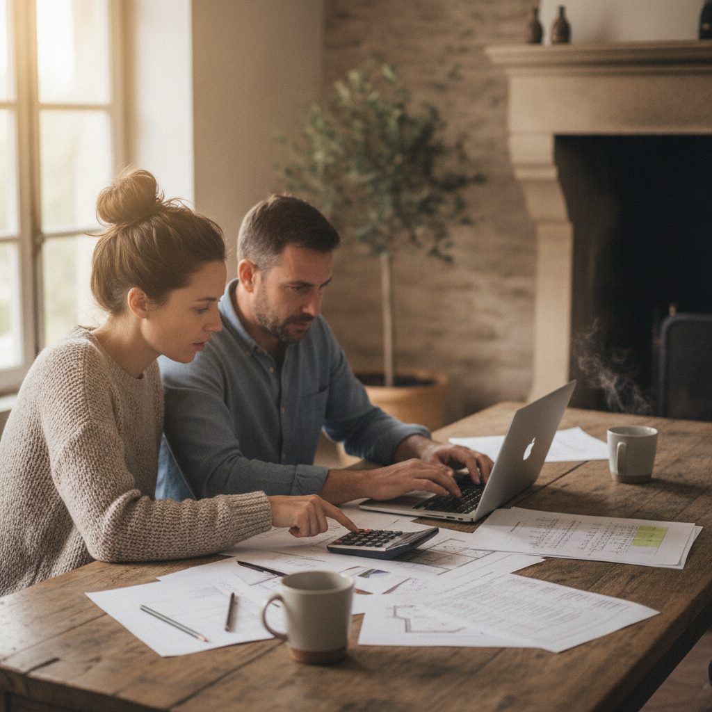Couple préparant son dossier de financement et d'aides pour la rénovation de toiture