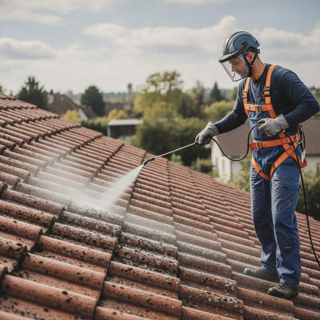 Application par pulverisation d un produit nettoyage toiture sans rincage