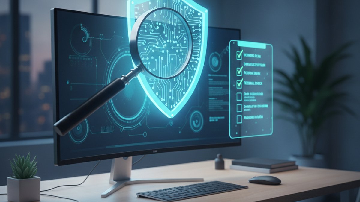 Audit de cybersécurité PME : loupe sur un bouclier numérique et une checklist