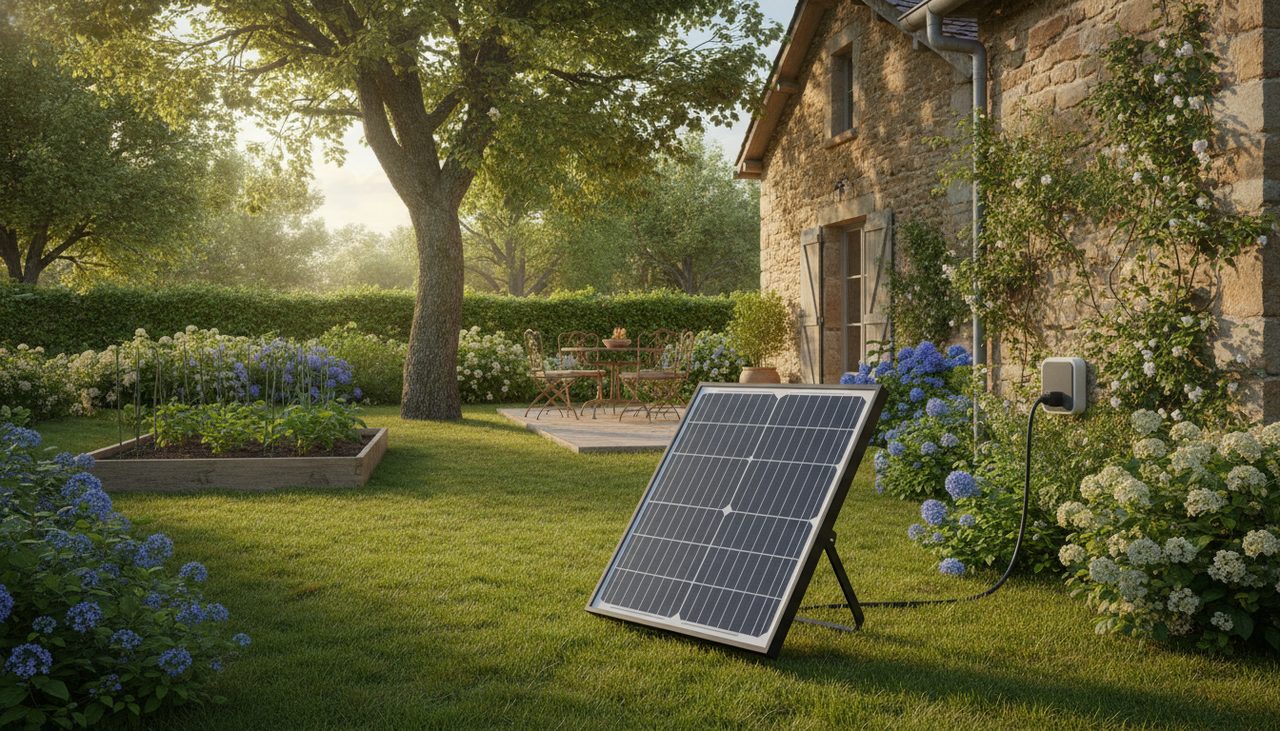 Kit panneau solaire plug and play branché sur une prise 220V dans un jardin de maison