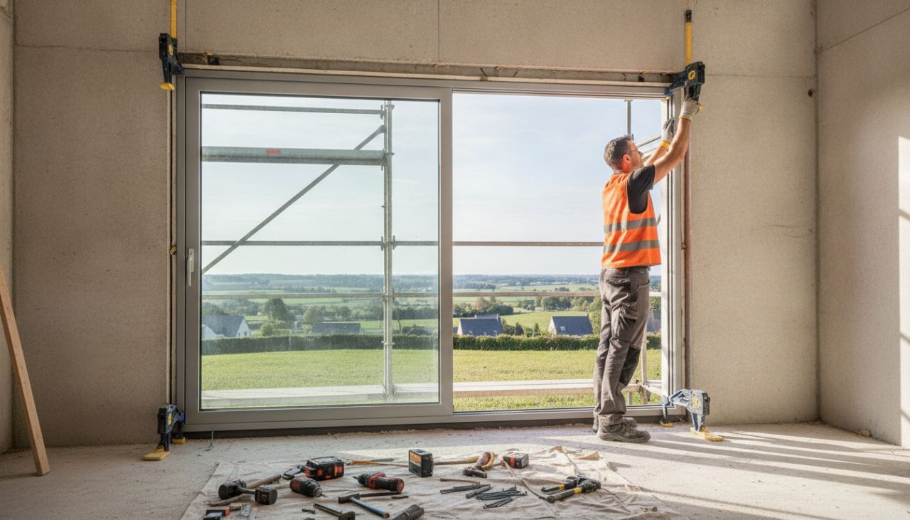 artisan menuisier en train de poser une grande baie vitrée coulissante aluminium sur chantier de maison individuelle française, avec outillage professionnel et chevilles