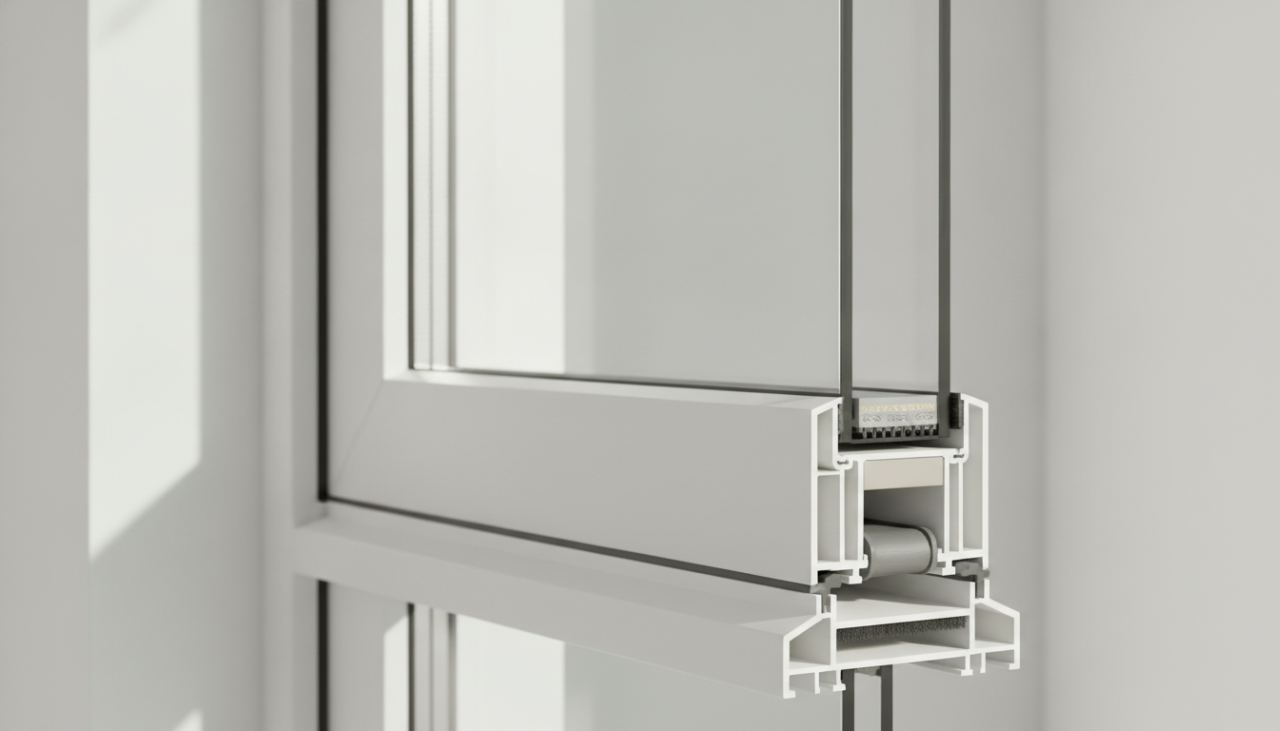détail technique de profil de baie vitrée coulissante PVC blanc avec double vitrage et joints d'étanchéité visible en coupe transversale sur chantier