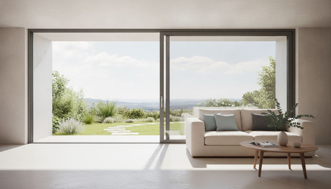 vue intérieure d'une baie vitrée coulissante aluminium gris anthracite 240 cm installée dans un salon français moderne donnant sur terrasse bois