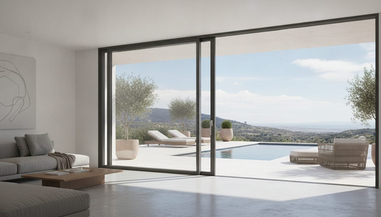 Grande baie vitrée alu coulissante dans un salon moderne ouvert sur une terrasse