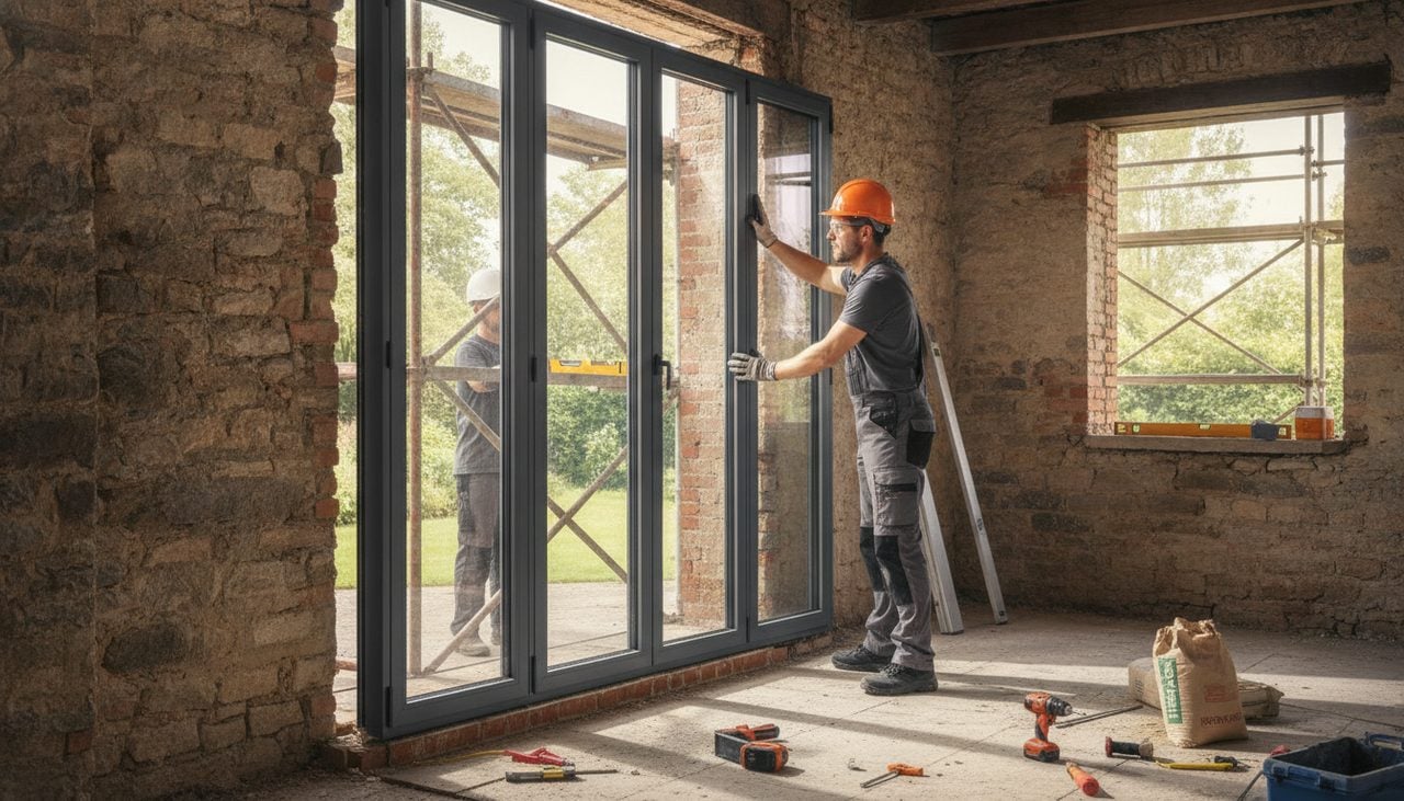Pose professionnelle d'une baie vitrée alu par un menuisier sur un chantier de rénovation