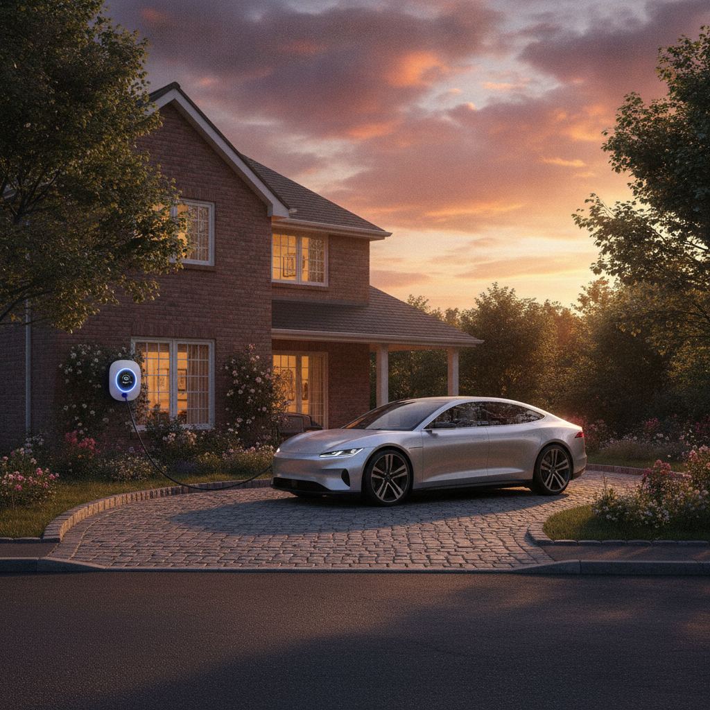 voiture électrique en charge sur borne murale devant une maison