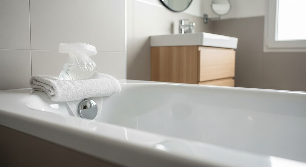Bouchon de baignoire improvisé avec un gant de toilette et un sac plastique