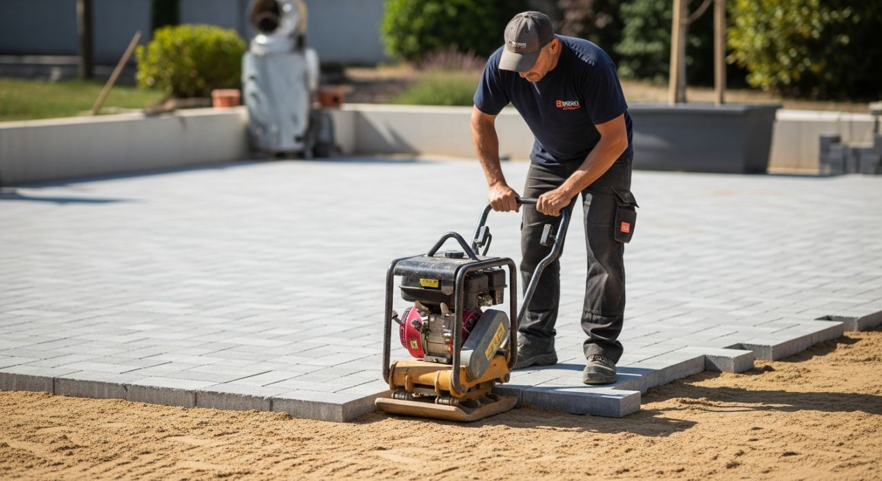 Compactage des pavés autobloquants sur lit de sable