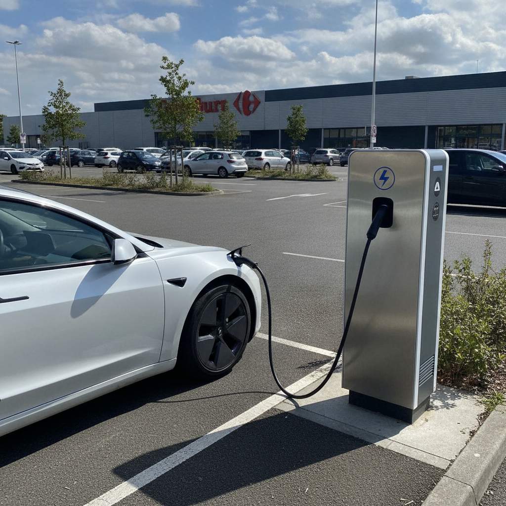 voiture électrique en charge sur une borne gratuite de supermarché