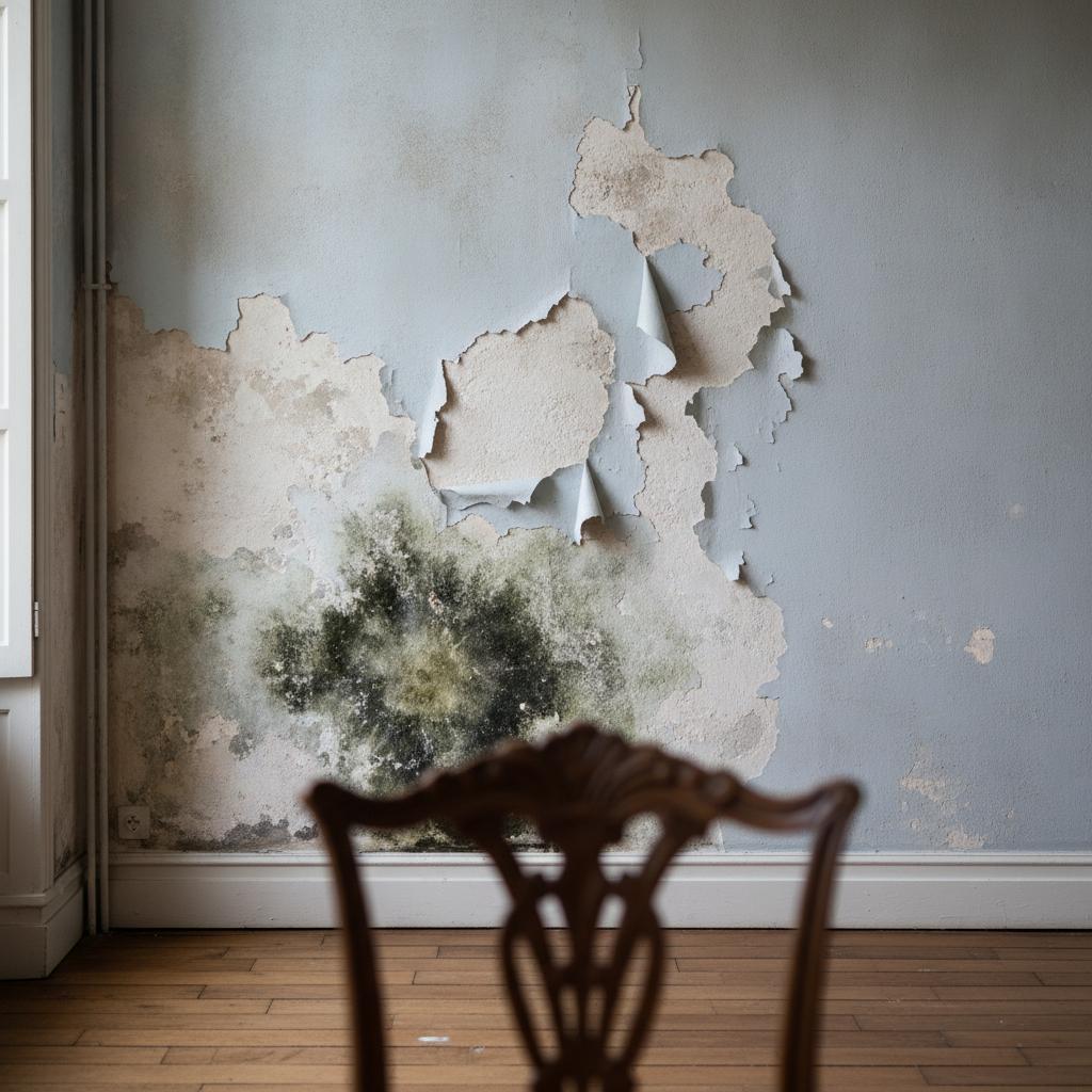 mur intérieur humide avec peinture cloquée et moisissures