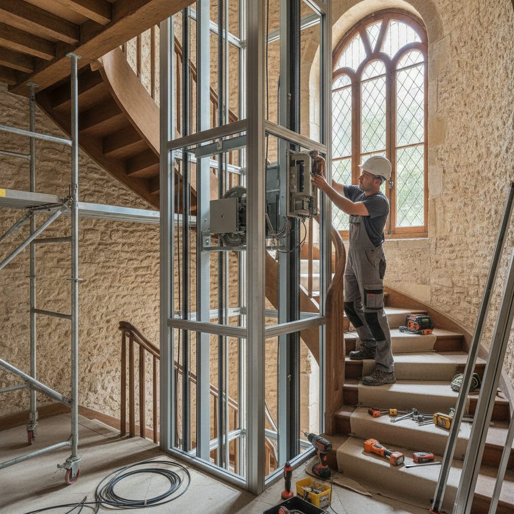 Technicien qui installe un ascenseur privatif en kit dans une maison