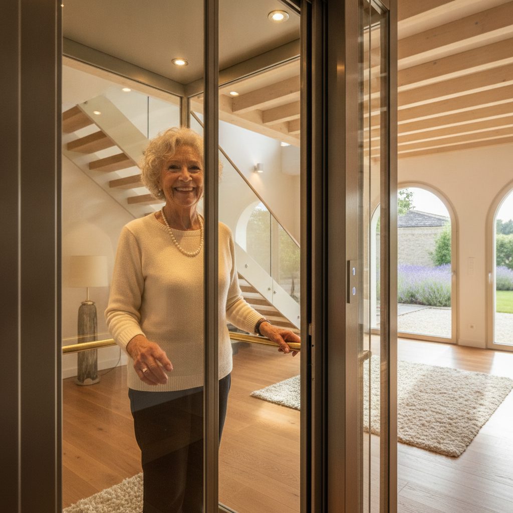 Senior utilisant un ascenseur privatif transparent dans sa maison