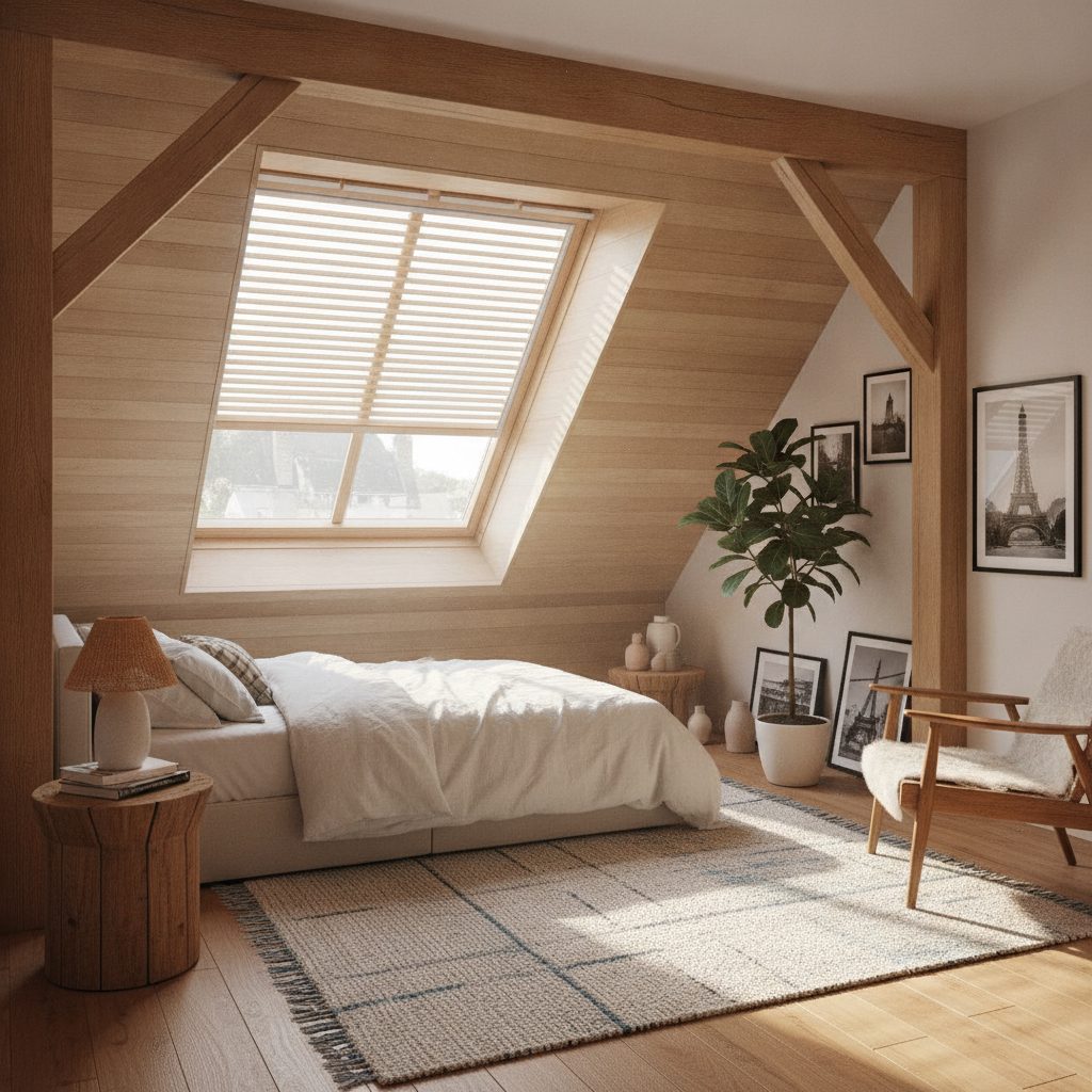 Fenêtre de toit avec volet roulant dans une chambre mansardée moderne