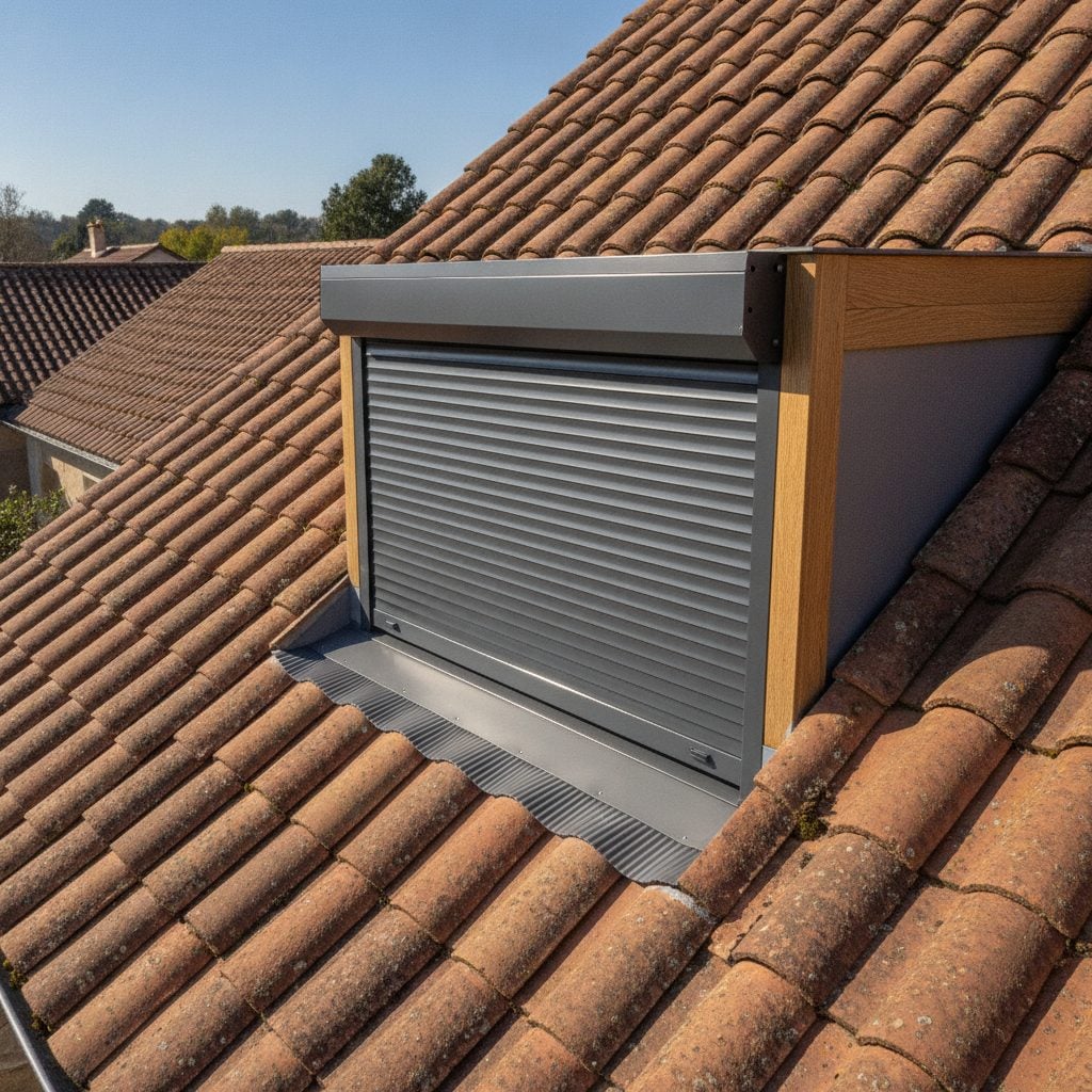 Volet roulant extérieur sur fenêtre de toit Velux vue extérieure toiture