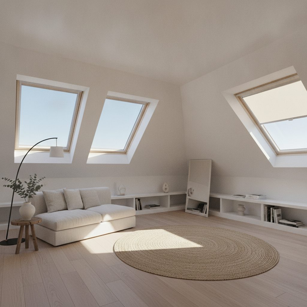 Chambre sous combles avec fenêtre de toit et volet roulant mi-ouvert lumière naturelle