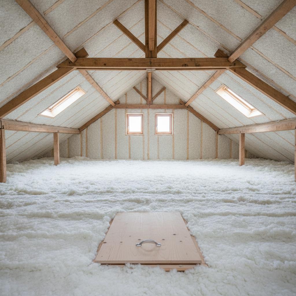 Vue intérieure de combles perdus d'une maison individuelle avec isolation soufflée uniforme et passerelle de circulation