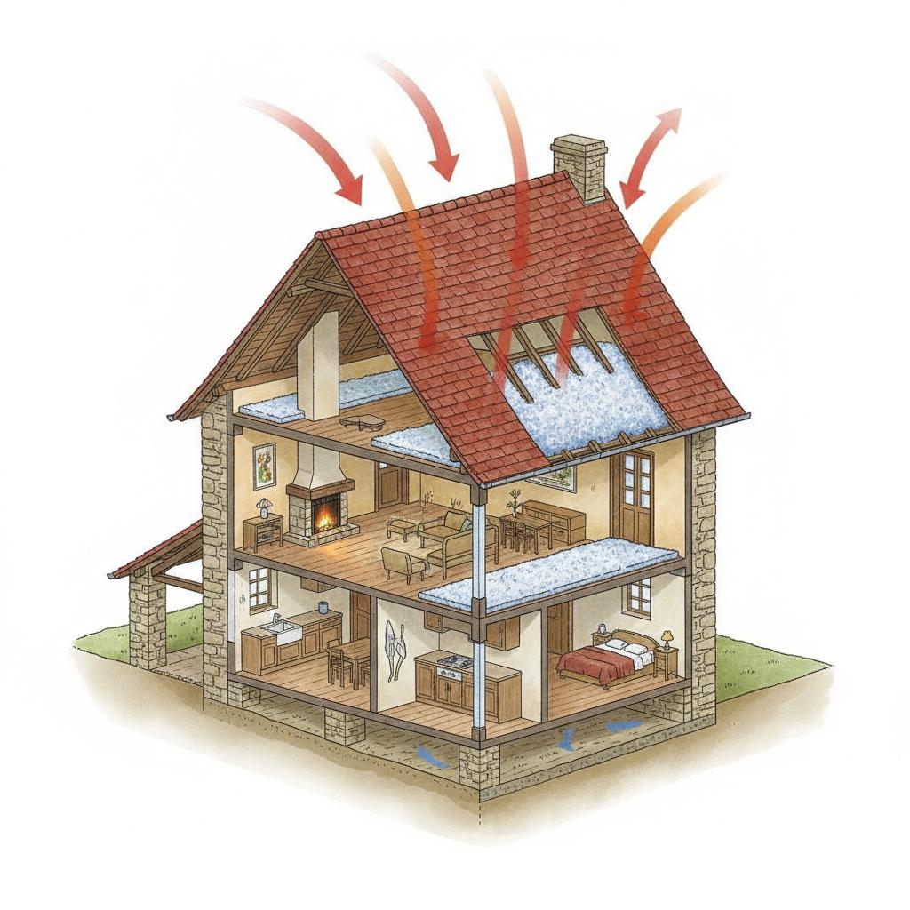 Schéma illustrant les zones de déperdition thermique d'une maison individuelle, toiture et combles en évidence