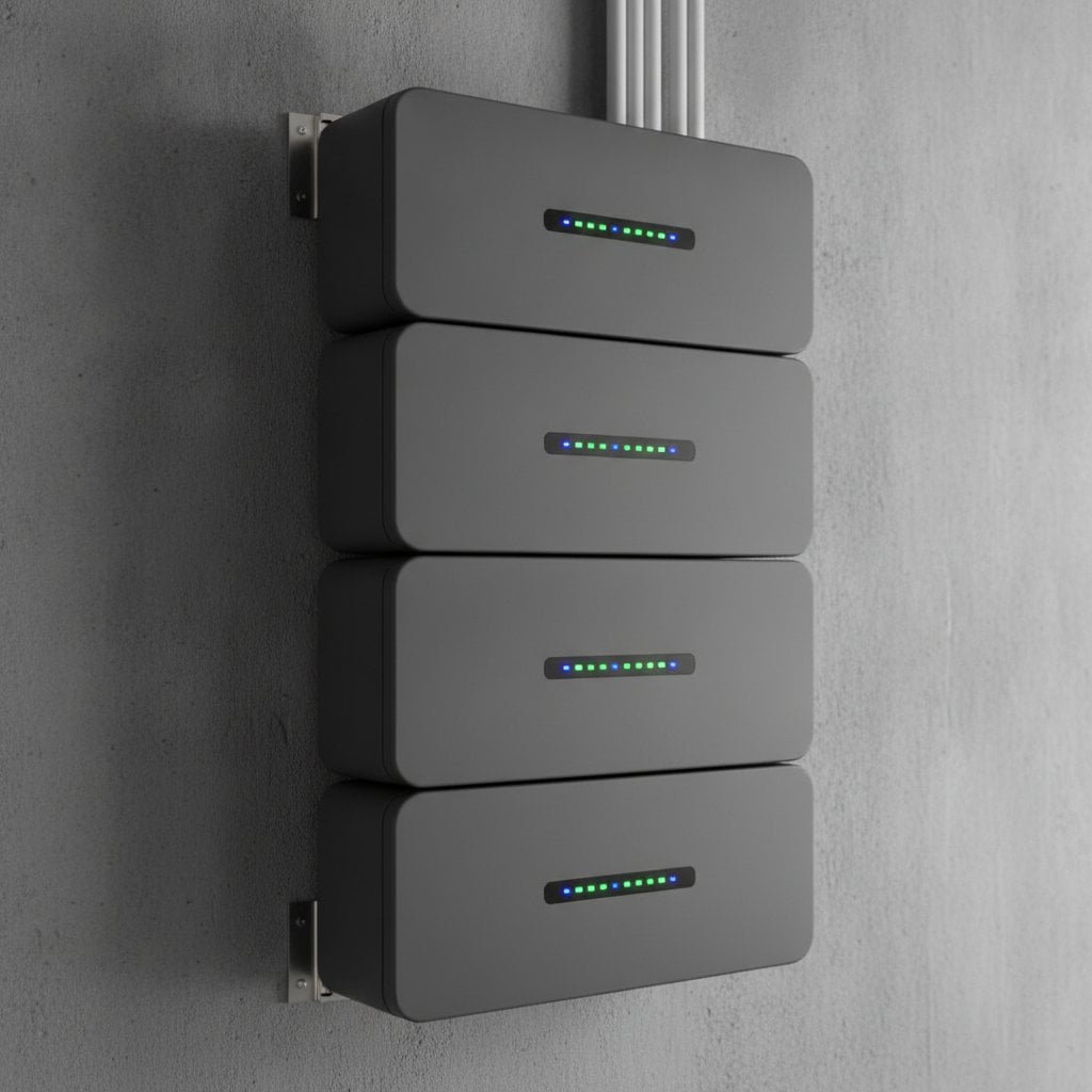 Batterie de stockage solaire domestique installée dans un garage d'une maison individuelle française, modules lithium empilés sur rack mural