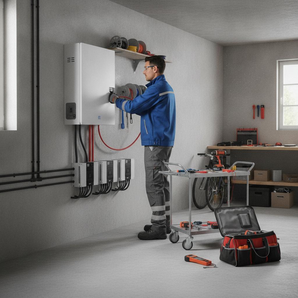 Technicien RGE installant et câblant une batterie de stockage solaire domestique BYD dans un garage propre et organisé