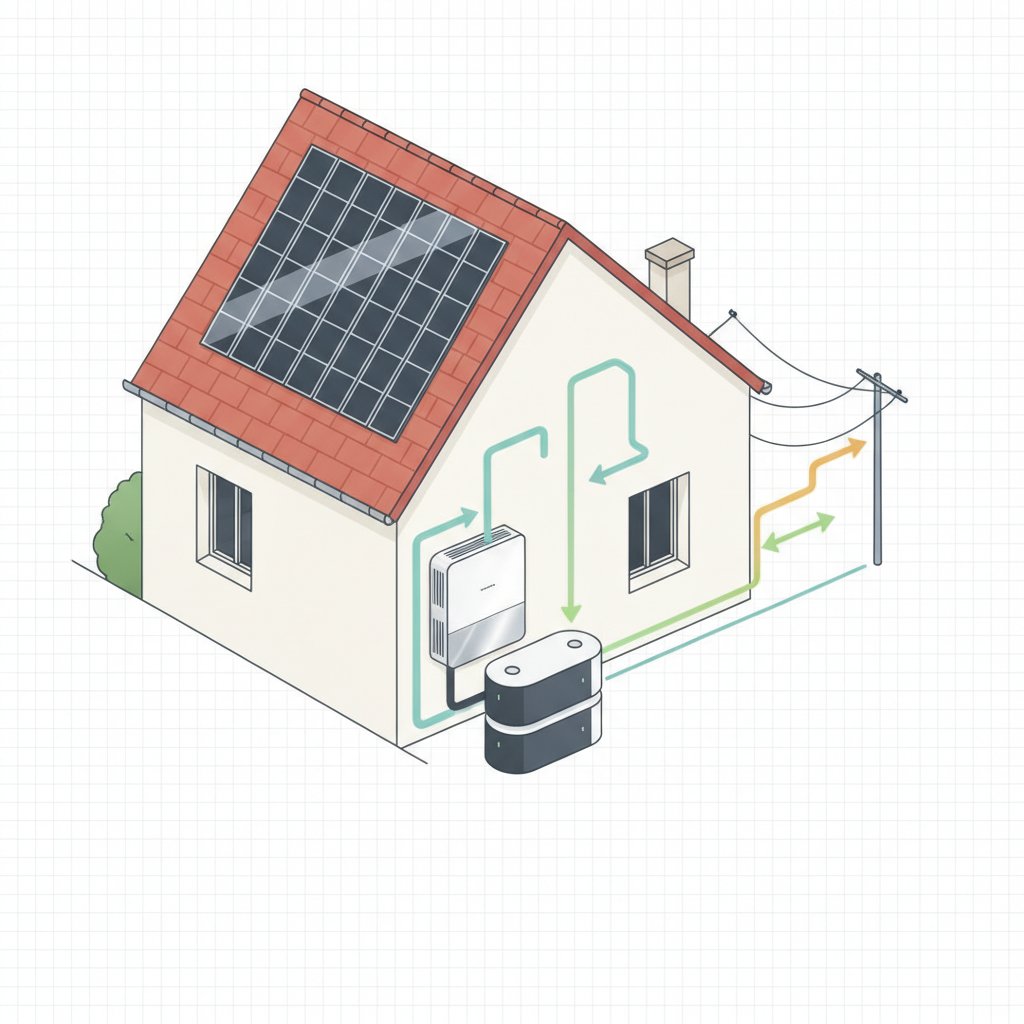 Schéma technique d'un système solaire complet maison avec panneaux photovoltaïques, onduleur hybride et batterie de stockage domestique