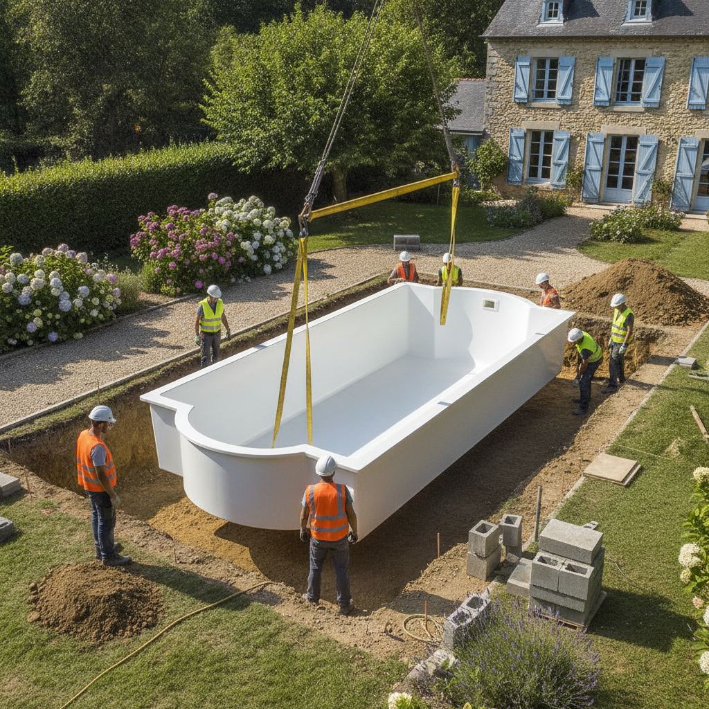 installation d'une piscine coque par grue dans un jardin