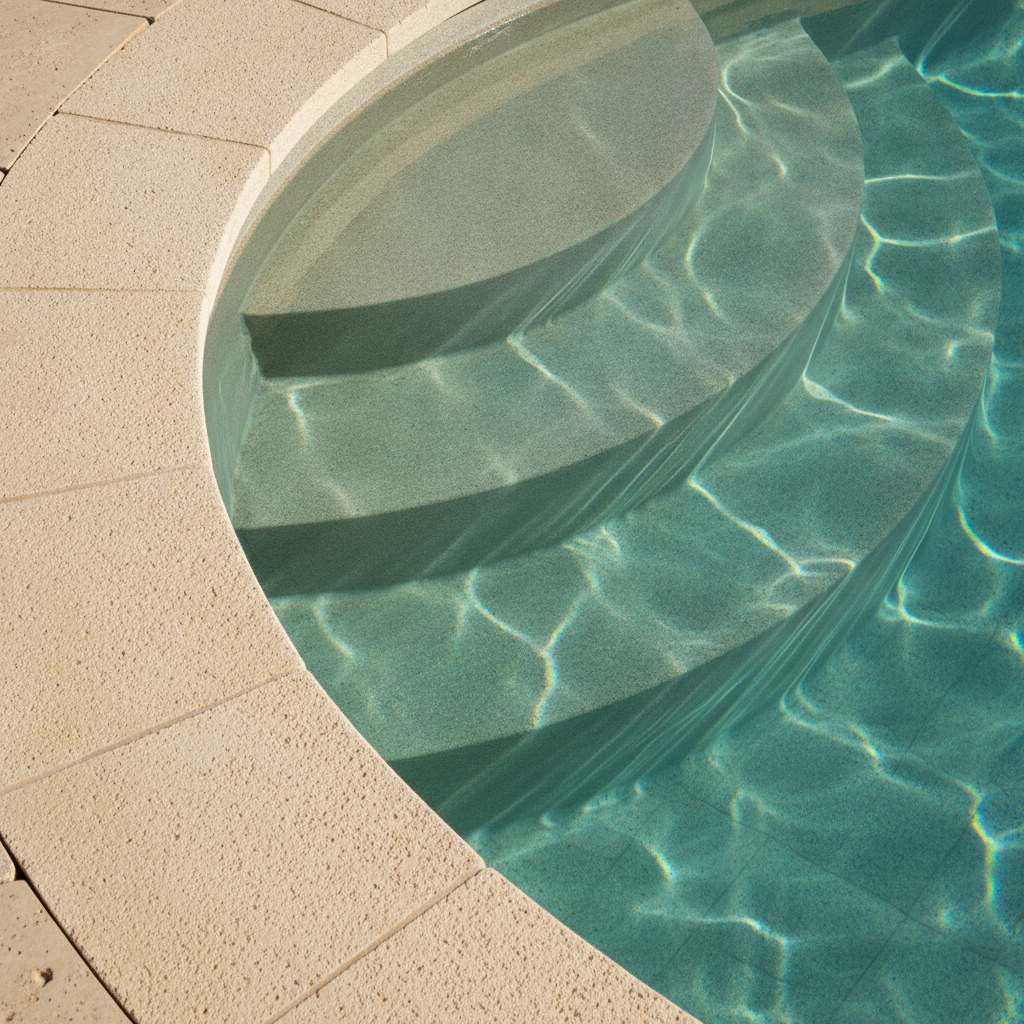 margelle et escalier romain d'une piscine coque