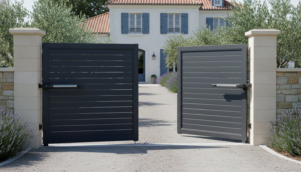 Portail à deux battants motorisé s'ouvrant devant l'entrée d'une maison moderne