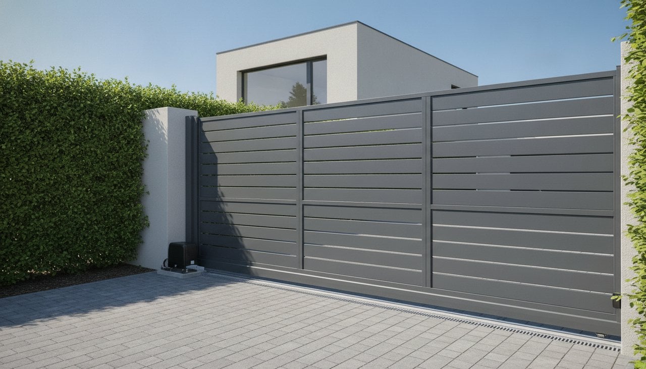 Portail coulissant aluminium motorisé devant une maison contemporaine