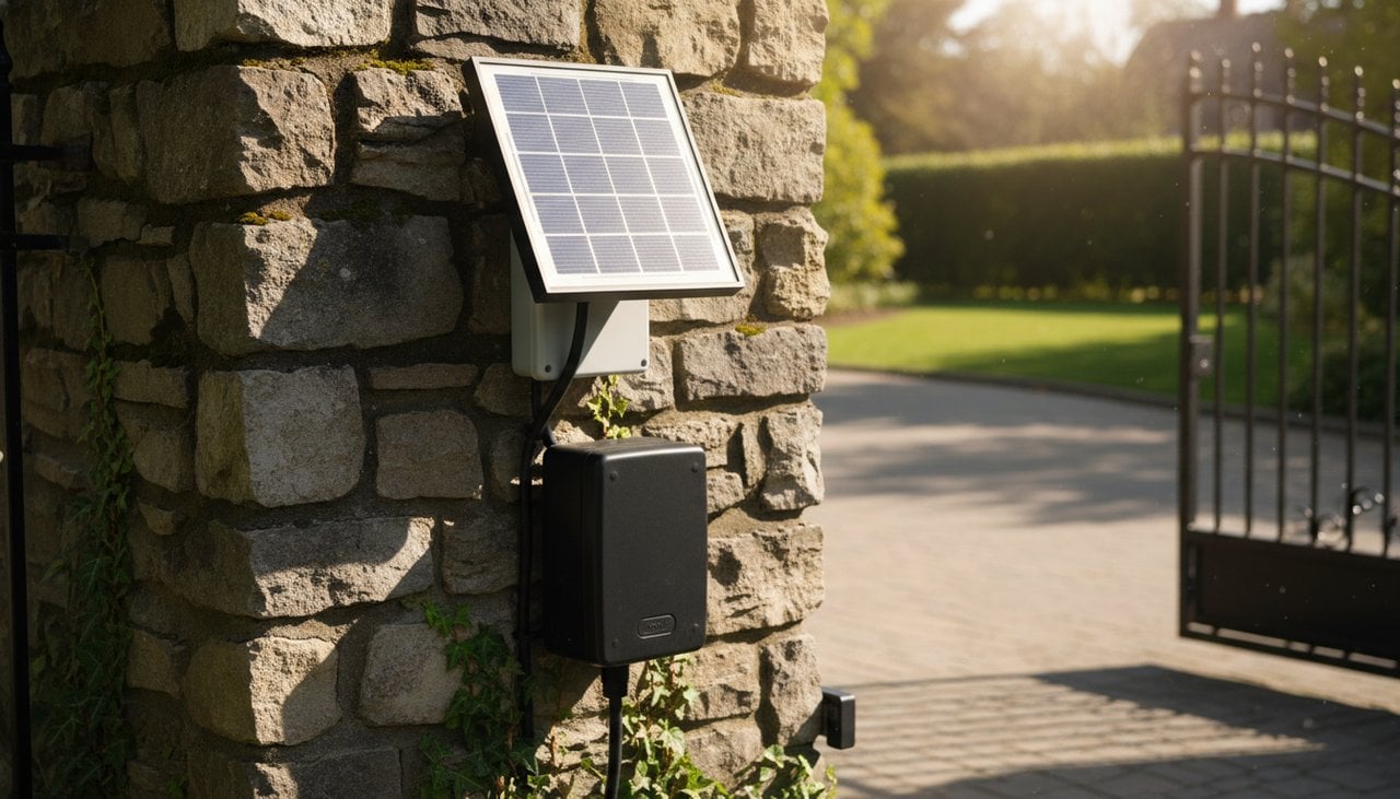 Panneau solaire sur pilier de portail motorisé
