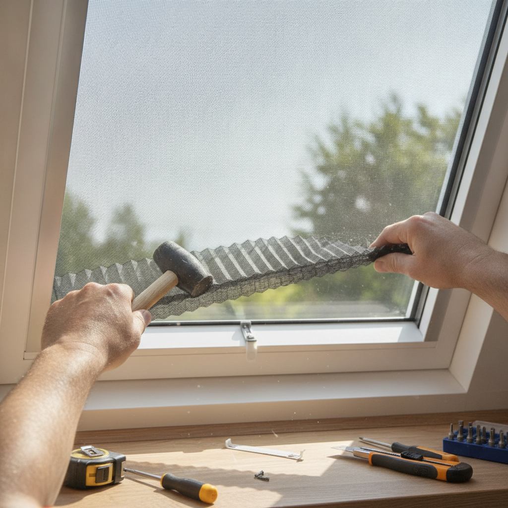 installation d'une moustiquaire pour fenetre de toit sur le cadre
