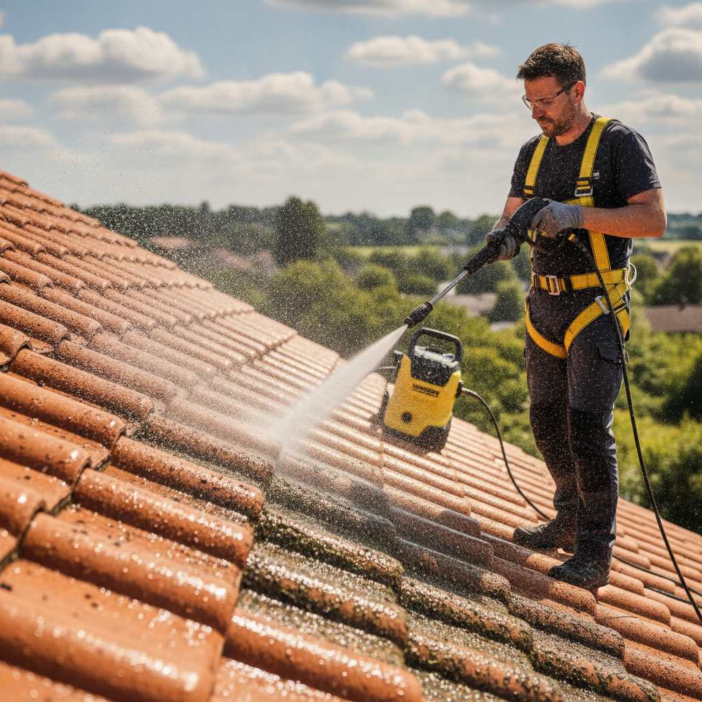 Nettoyage toiture au karcher en action