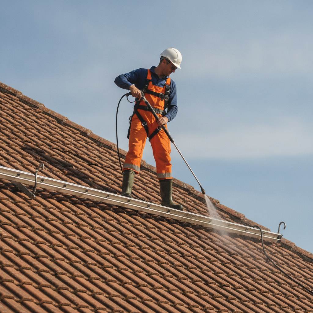 Securite lors du nettoyage de toiture au karcher avec harnais
