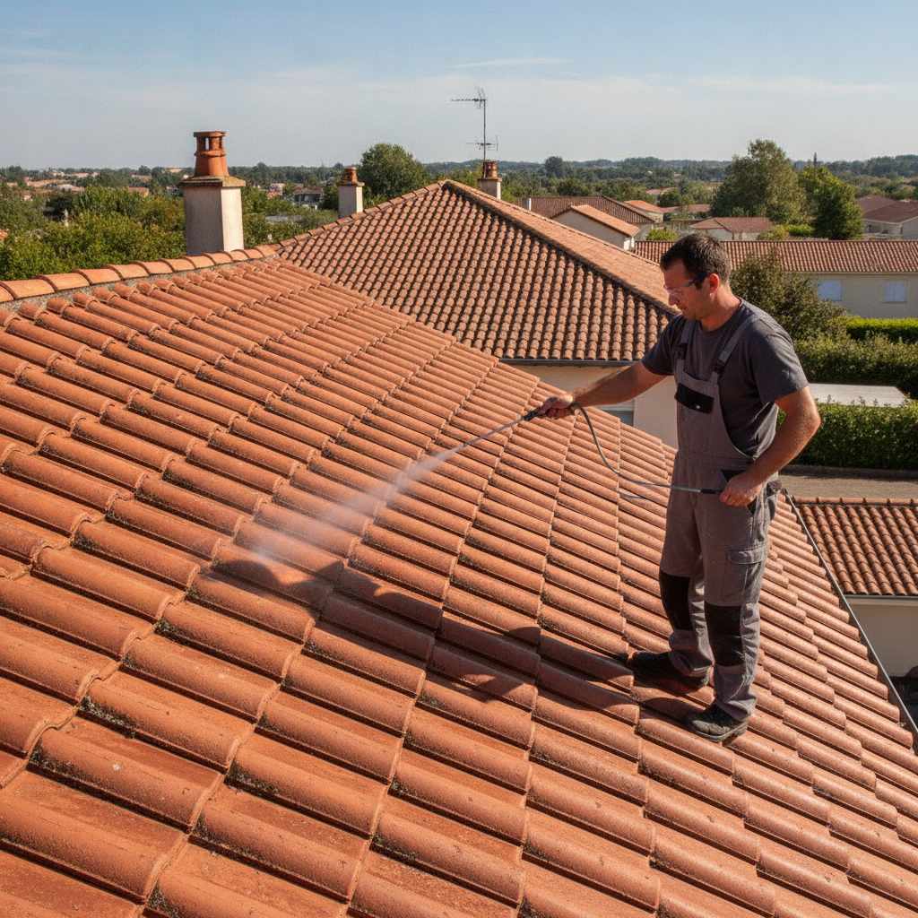 Application d'un traitement anti-mousse hydrofuge apres nettoyage toiture
