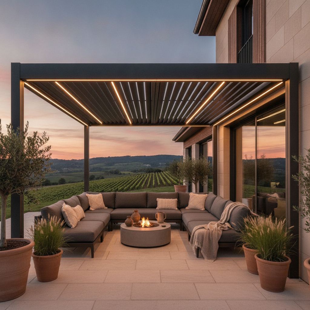 pergola bioclimatique adossée avec éclairage LED le soir