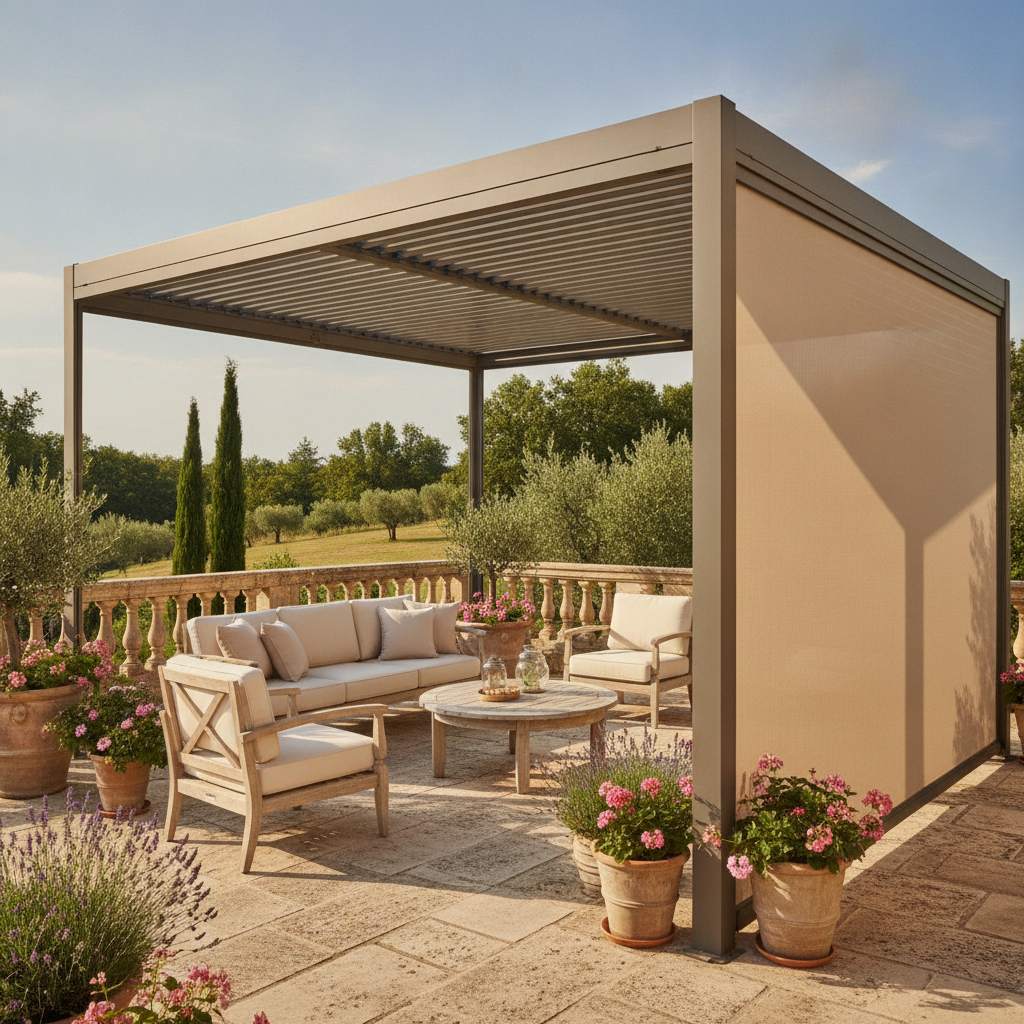 pergola bioclimatique 4x3 avec rideau - illustration