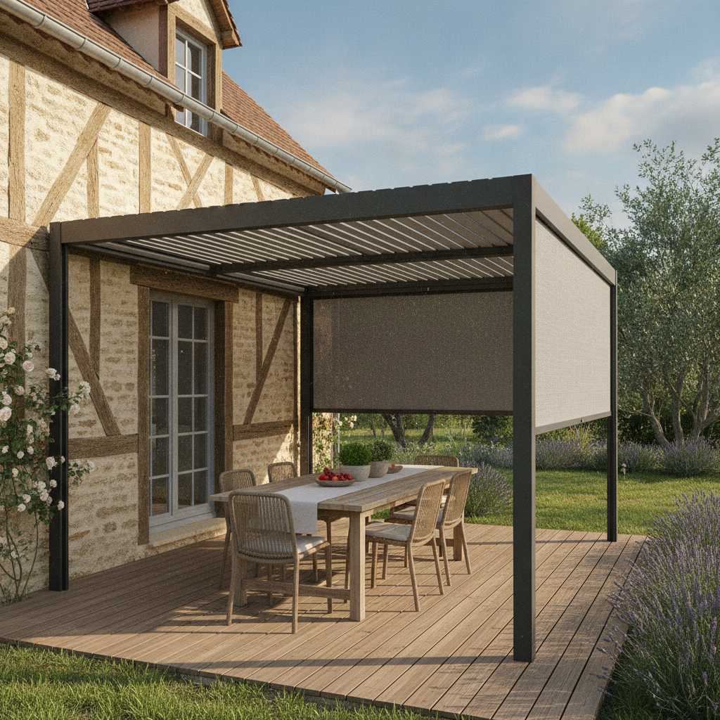 Pergola bioclimatique 4x3 avec rideau zip sur terrasse, lames orientables ouvertes