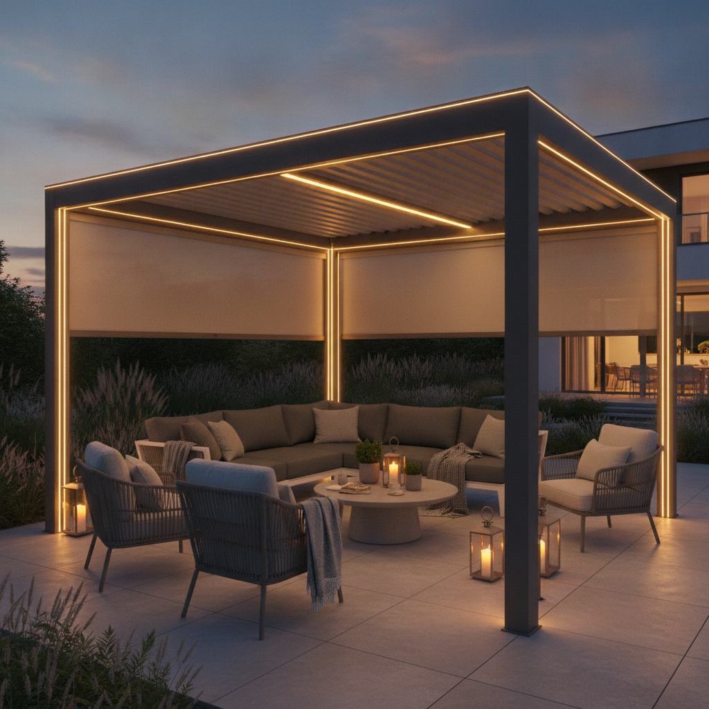 Pergola bioclimatique 4x4 avec eclairage LED et stores lateraux le soir