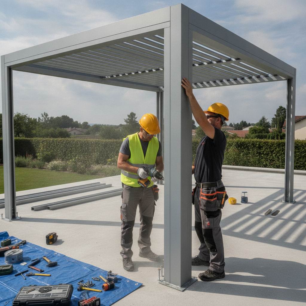 Pose et installation d'une pergola bioclimatique 4x4 sur dalle beton