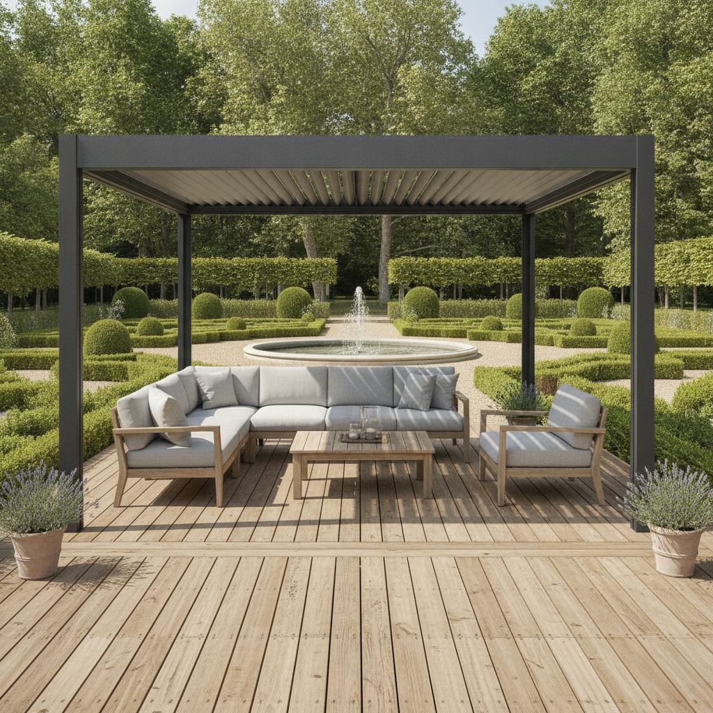 pergola bioclimatique 6x3 en aluminium sur une terrasse en bois