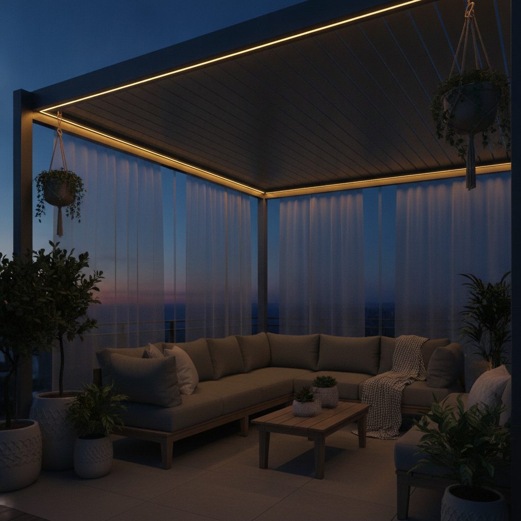 Pergola bioclimatique avec éclairage LED et rideaux fermés en soirée sur terrasse
