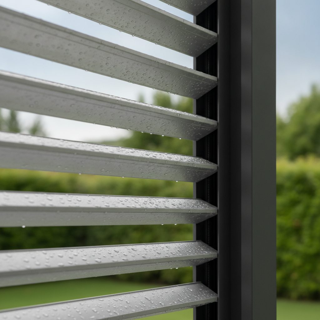 Détail des lames orientables et de la coulisse zip intégrée au poteau de pergola bioclimatique