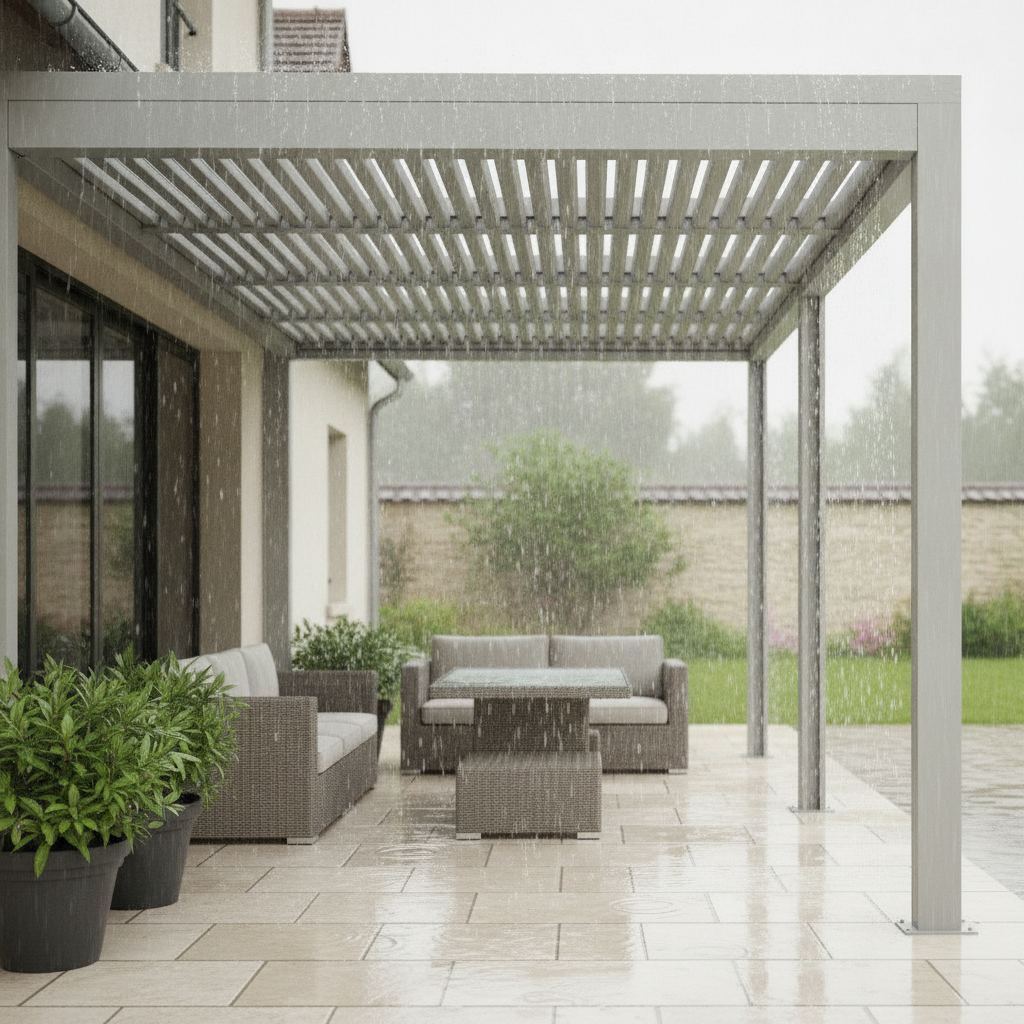 lames orientables fermées évacuation eau pergola bioclimatique