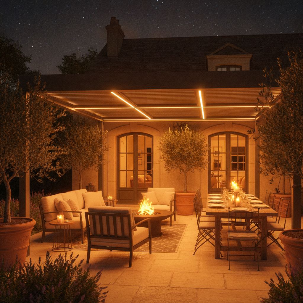 pergola bioclimatique éclairage LED terrasse soirée