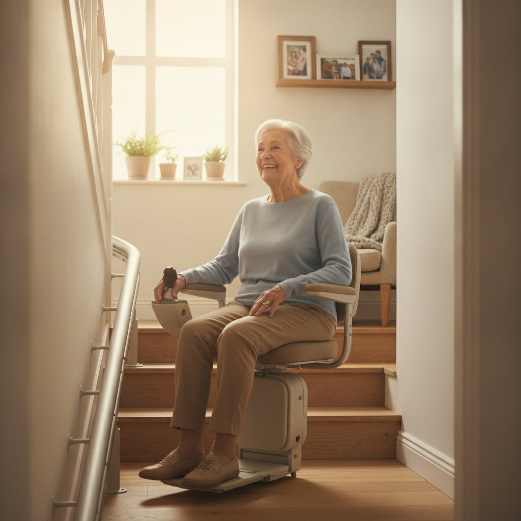 personne âgée utilisant un monte-escalier en toute sécurité